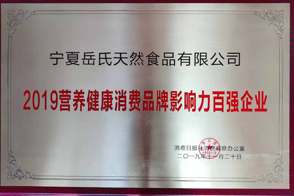熱烈祝賀寧夏岳氏天然食品有限公司榮獲“2019營養健康消費品牌影響力百強企業”稱號